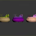 Colorful Decorative Bowls with Green Plant Purple and Pink Floral Elements on Dark Background
