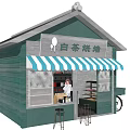 Cozy Dessert Bakeshop with Green Storefront Blue White Striped Awning Outdoor Seating and Bicycle