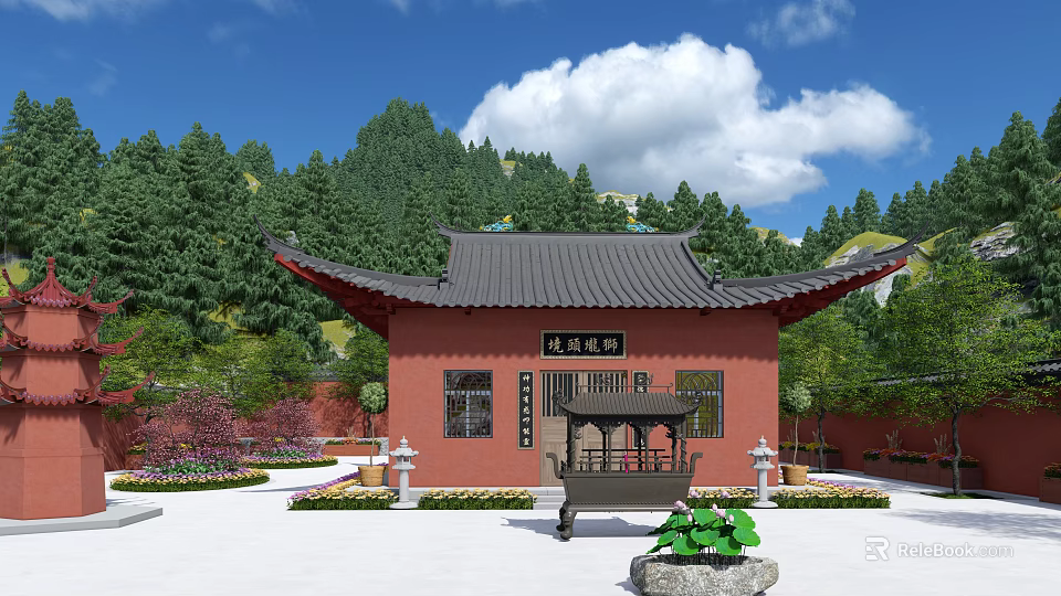 Ancient Architecture With Red Walls Traditional Eaves Black Tiles And Incense Burner Amidst Green Mountains 3d model 