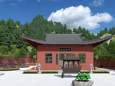 Ancient Architecture With Red Walls Traditional Eaves Black Tiles And Incense Burner Amidst Green Mountains 3d model