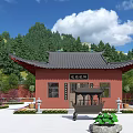 Ancient Architecture With Red Walls Traditional Eaves Black Tiles And Incense Burner Amidst Green Mountains