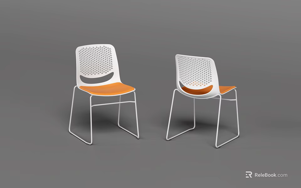 Modern Leisure Chairs With White Perforated Backrest And Orange Seat White Metal Frame Minimalist Design 3d model 
