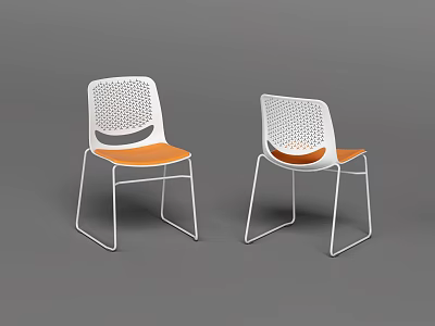 Modern Leisure Chairs With White Perforated Backrest And Orange Seat White Metal Frame Minimalist Design 3d model