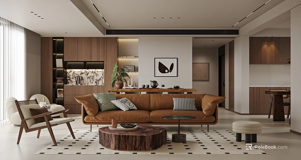 Modern Living Dining Room Interior With Brown Sofa Wooden Coffee Table Decorative Painting And Plant 3d model 