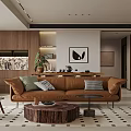 Modern Living Dining Room Interior With Brown Sofa Wooden Coffee Table Decorative Painting And Plant