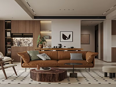 Modern Living Dining Room Interior With Brown Sofa Wooden Coffee Table Decorative Painting And Plant 3d model