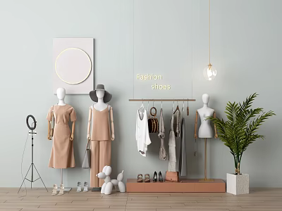Fashion Show Clothes Hangers with Mannequins Shoes Bags and Plant 3d model