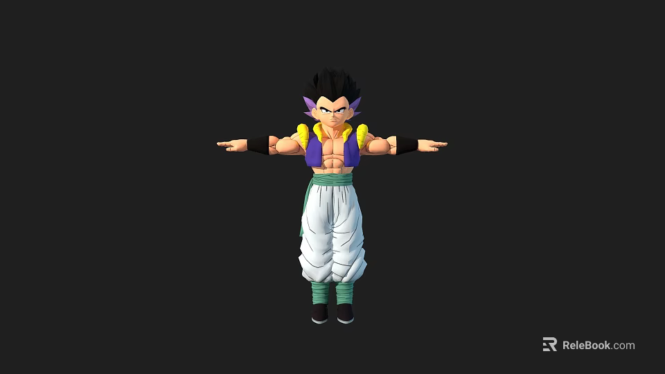 Game and Movie Character With Spiky Black Hair Yellow Purple Top White Pants Arms Outstretched 3d model 