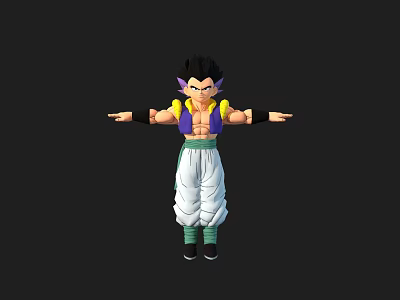 Game and Movie Character With Spiky Black Hair Yellow Purple Top White Pants Arms Outstretched 3d model