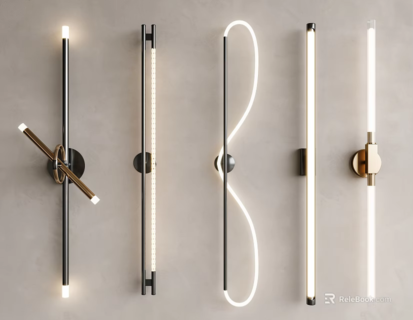 Modern Wall Lamps with Various Designs Mounted on Gray Wall and Metal Frames 3d model 