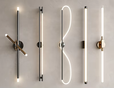 Modern Wall Lamps with Various Designs Mounted on Gray Wall and Metal Frames 3d model