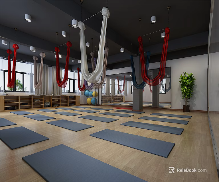 Spacious Yoga Studio with Colorful Aerial Hammocks Yoga Mats and Exercise Balls for Fitness Training 3d model 