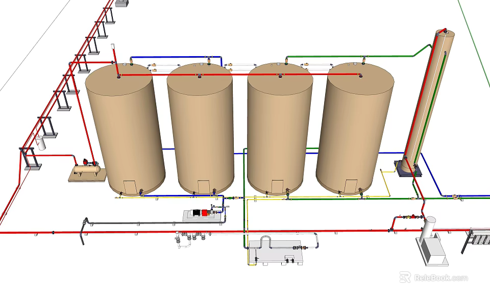 Industrial Equipment Featuring Four Large Cylindrical Tanks With Pipes And Small Devices 3d model 