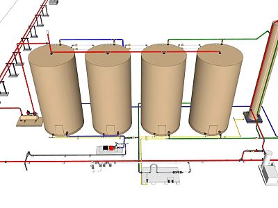 Industrial Equipment Featuring Four Large Cylindrical Tanks With Pipes And Small Devices 3d model