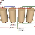 Industrial Equipment Featuring Four Large Cylindrical Tanks With Pipes And Small Devices