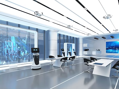 Modern Tech Exhibition Hall Interior With Smart Robot Large Screen And Tables 3d model