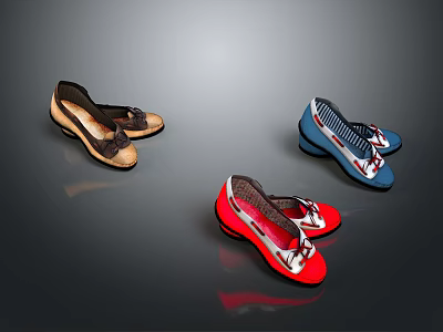 Stylish Women's Shoes with Brown Blue Red Colors and Bow Details for Casual Daily Wear 3d model