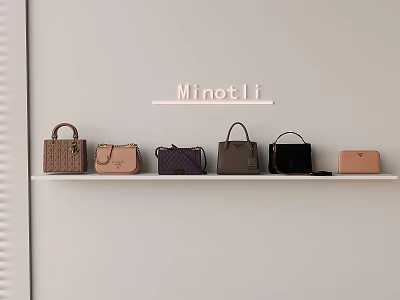 Minot Li Fashionable Bags Displayed On Wall Shelf With Various Colors And Styles 3d model