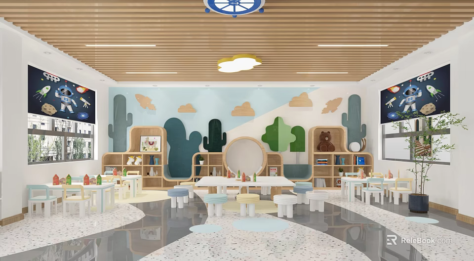 Bright Kindergarten Interior With Wooden Ceiling Cloud Cacti Decor Bookshelves And Playful Tables Chairs 3d model 
