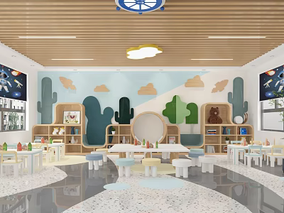 Bright Kindergarten Interior With Wooden Ceiling Cloud Cacti Decor Bookshelves And Playful Tables Chairs 3d model