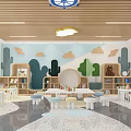 Bright Kindergarten Interior With Wooden Ceiling Cloud Cacti Decor Bookshelves And Playful Tables Chairs