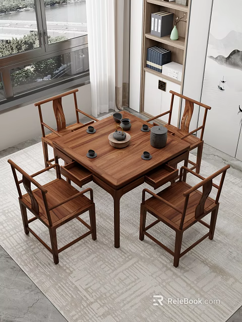 Solid Wood Tea Table and Chairs Set with Tea Utensils in Living Room 3d model