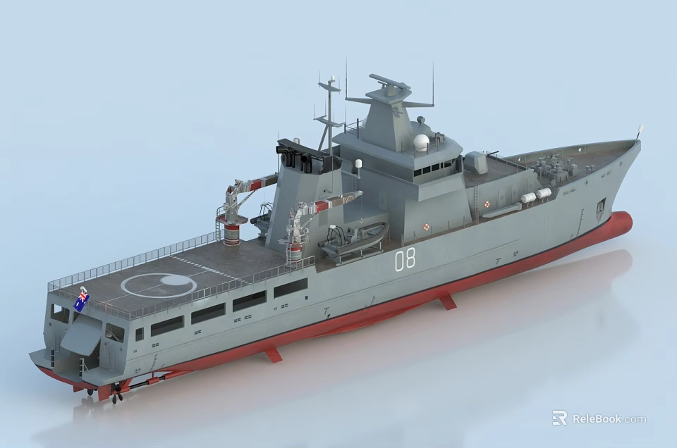 Military Gray Warship With Red Bottom Number 08 And Deck Equipment 3d model 