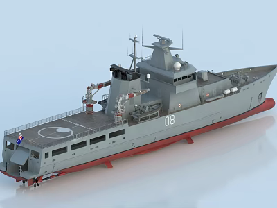 Military Gray Warship With Red Bottom Number 08 And Deck Equipment 3d model