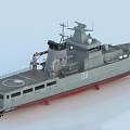 Military Gray Warship With Red Bottom Number 08 And Deck Equipment
