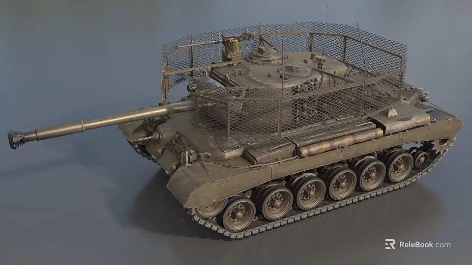 Military Tank Featuring Protective Wire Mesh Turret And Heavy Metal Tracks Design 3d model 