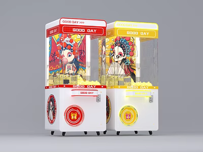 Red Yellow Claw Machine Amusement Equipment With GOOD DAY Signage Transparent Panels And Stuffed Toys 3d model