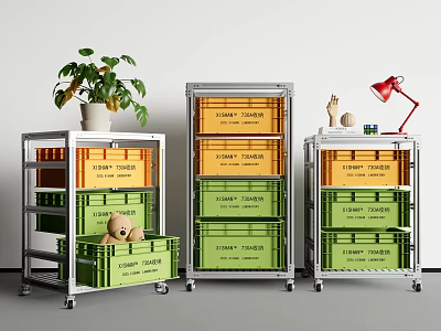 Modern Metal Storage Shelving Units with Wheels and Orange Green Storage Bins for Home Organization 3d model