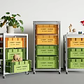 Modern Metal Storage Shelving Units with Wheels and Orange Green Storage Bins for Home Organization