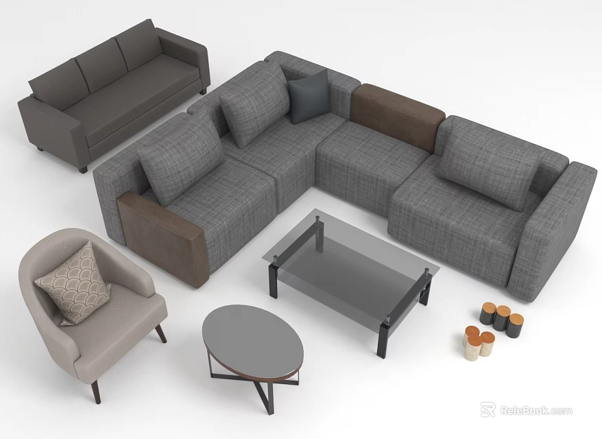 Gray L Shaped Sofa And Coffee Table Set With Glass Top Table Accent Chair Cushions 3d model 