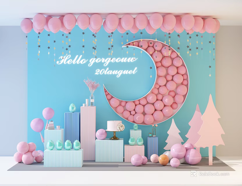 Pink Balloon Moon Shaped Birthday Celebration Decor With Cake And Gift Boxes 3d model 