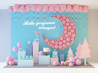 Pink Balloon Moon Shaped Birthday Celebration Decor With Cake And Gift Boxes 3d model
