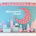 Pink Balloon Moon Shaped Birthday Celebration Decor With Cake And Gift Boxes