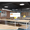 Public Workspace Featuring Wooden Tables Metal Frames Brick Walls Tool Shelves And Pendant Lights