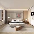 Modern Minimalist Bedroom Interior With Comfortable Bedside Tables Table Lamps Decorative Painting And Area Rug