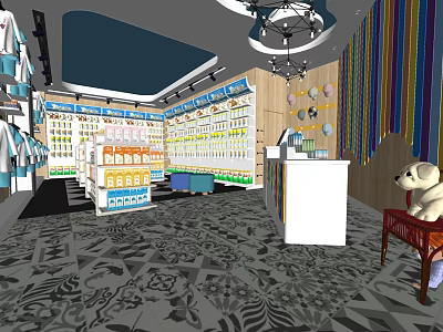Modern Specialty Store Interior With Chandeliers Shelves Products Cashier Counter And Patterned Floor 3d model