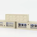 Beige Display Shelves With Drawers And Glass Door Compartments For Showcasing Items