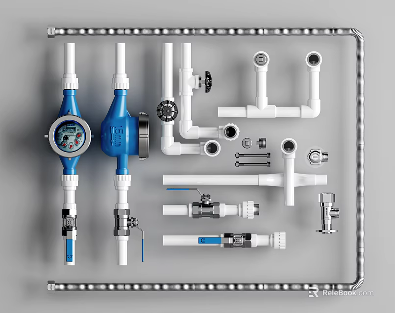 Faucet Components Set With Pipes Valves Fittings And Tools On Metal Frame 3d model 