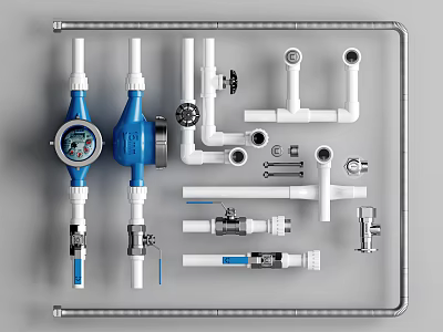 Faucet Components Set With Pipes Valves Fittings And Tools On Metal Frame 3d model