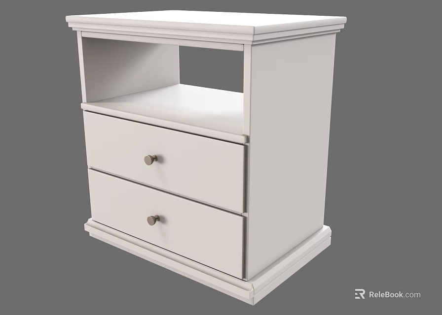 White Modern Bedside Table With Two Drawers And Open Shelf Design 3d model