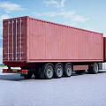 Large Red Container Truck Parked On Asphalt Road Under Blue Sky