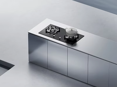 Modern Kitchen Interior With Stainless Steel Cabinets And Pot On Cooktop 3d model