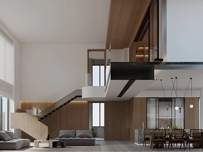 Spacious Duplex Living Room With Wooden Accents And Staircase 3d model