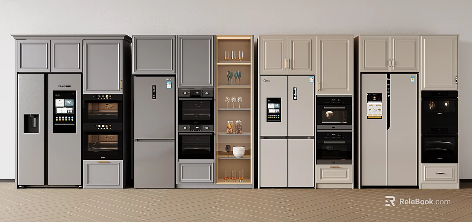 Modern Kitchen Interior With Gray And Beige Cabinets Refrigerators Ovens And Appliances 3d model 