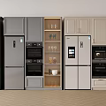 Modern Kitchen Interior With Gray And Beige Cabinets Refrigerators Ovens And Appliances
