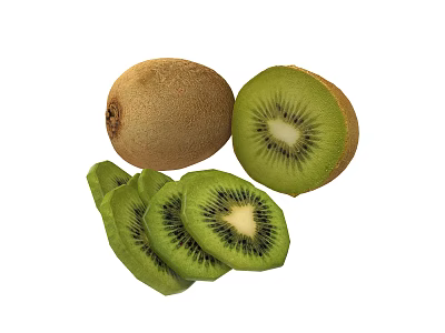 Fresh Kiwi Fruit With Whole Halved And Sliced Green Flesh And Black Seeds 3d model